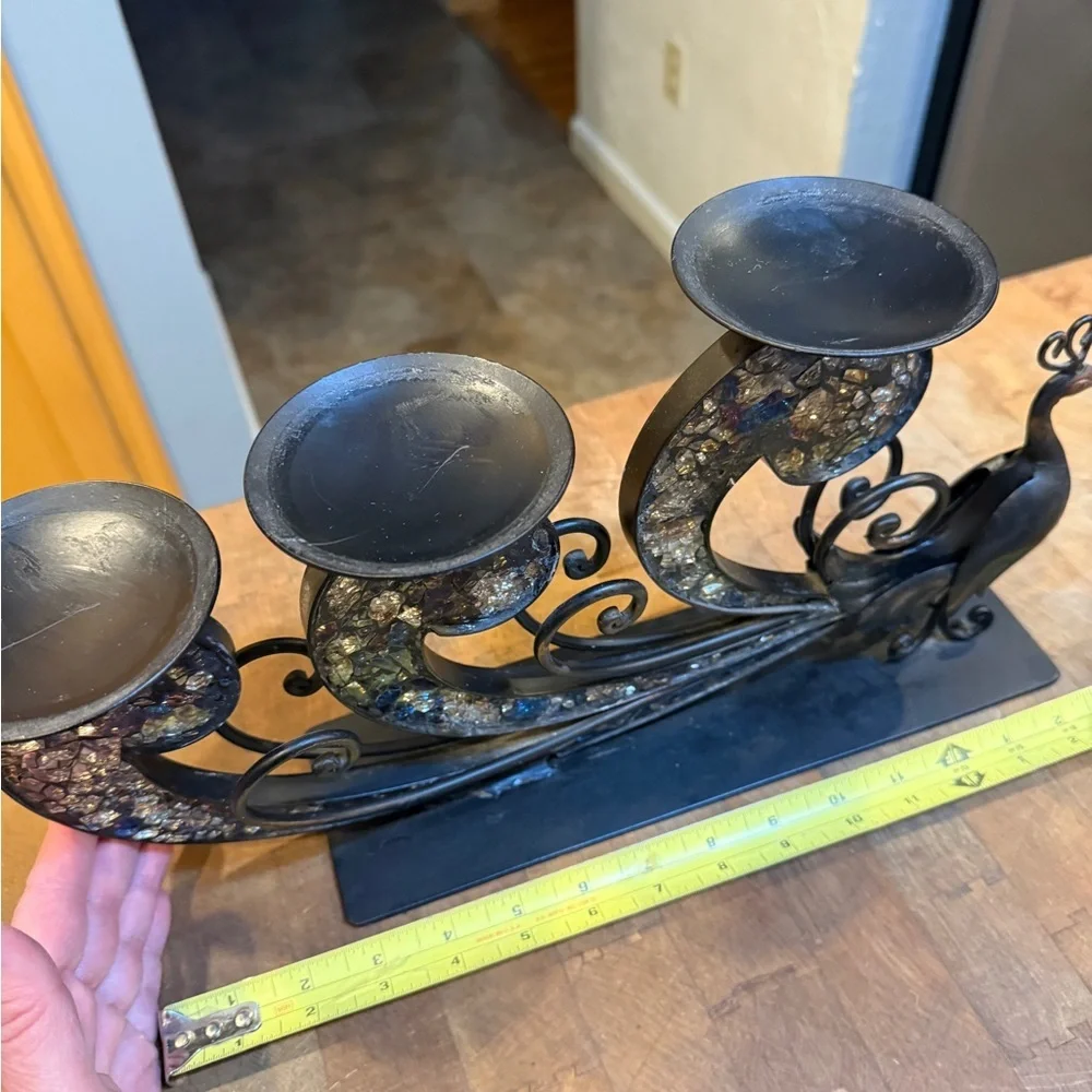 Vintage Pier 1 Elegant Black and Gold mosaic Glass tiles Peacock Candle Holder